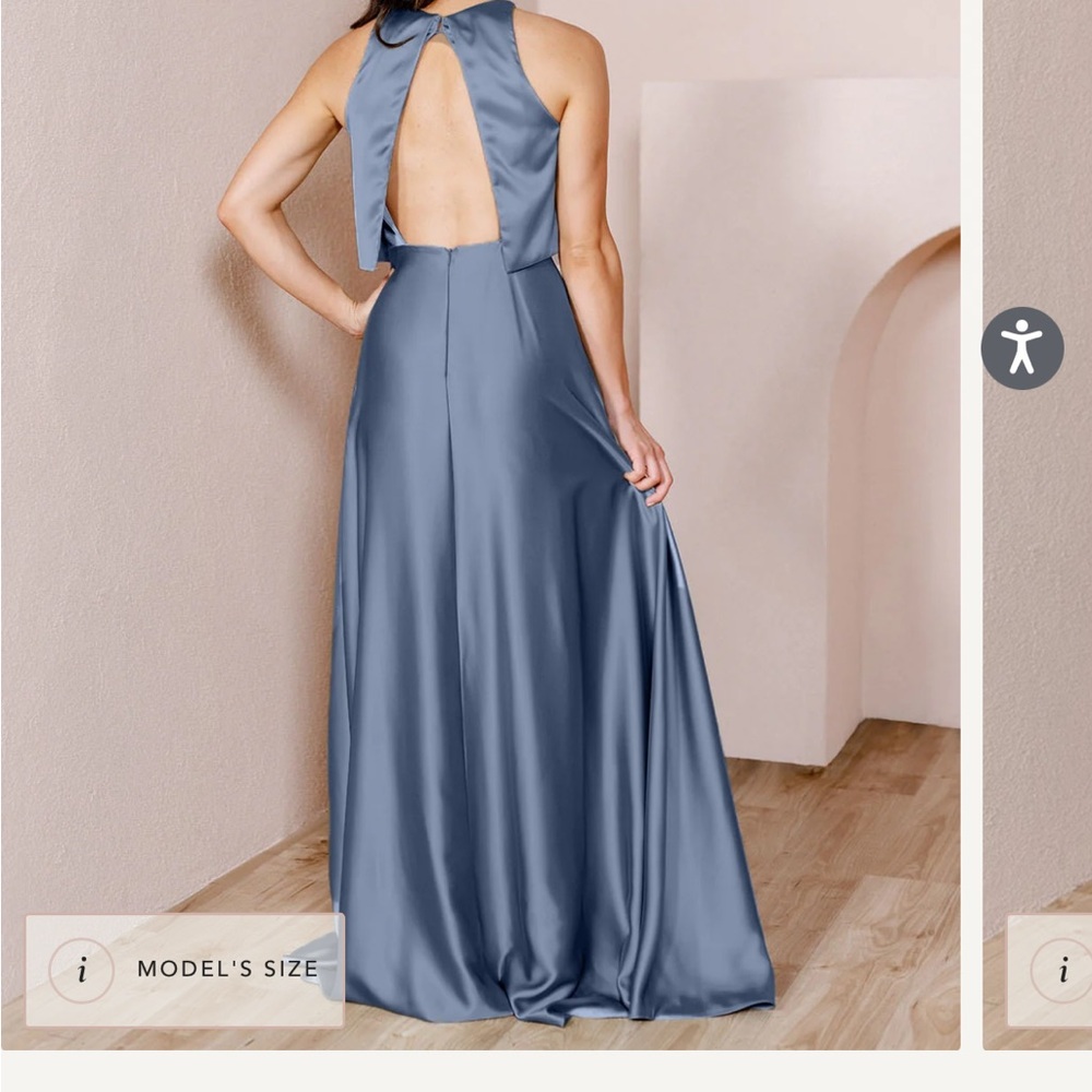 Revelry Wren Satin Indie Blue bridesmaids dress